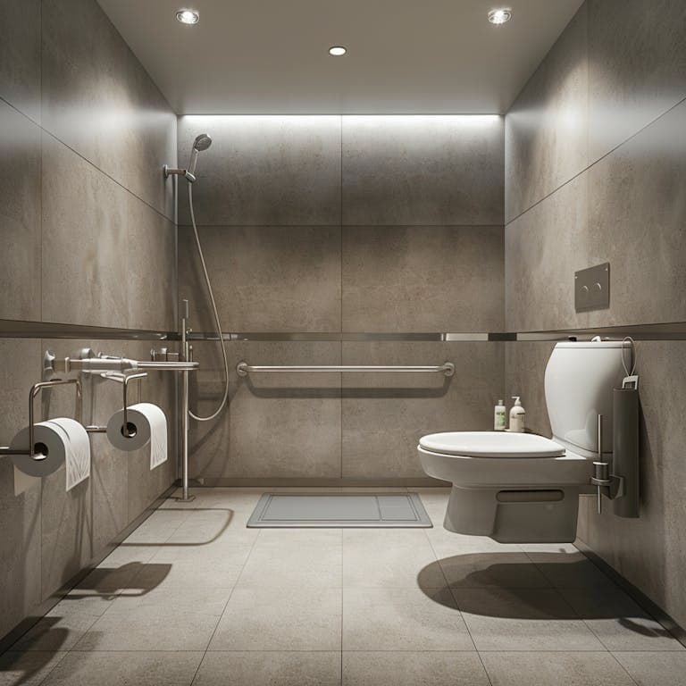 ausili anziani disabili Bagno moderno e accessibile con cabina doccia, maniglioni, WC sospeso e porta carta igienica. La camera dispone di piastrelle grigie e illuminazione dall'alto.